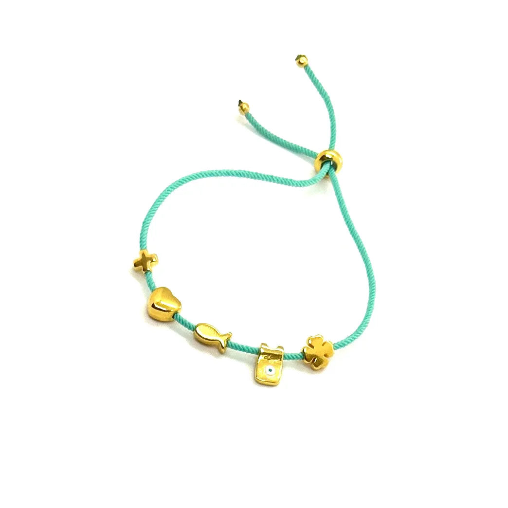 THE MAKERY FIVE GOLD CHARM BRACELET ON TURQUOISE CORD