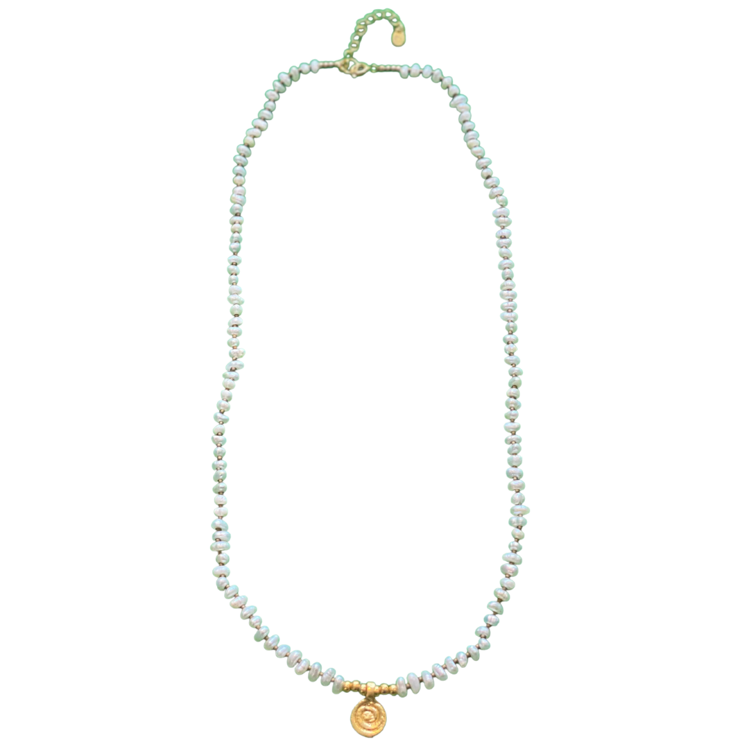 THE MAKERY PEARL NECKLACE WITH GOLD DISC CHARM